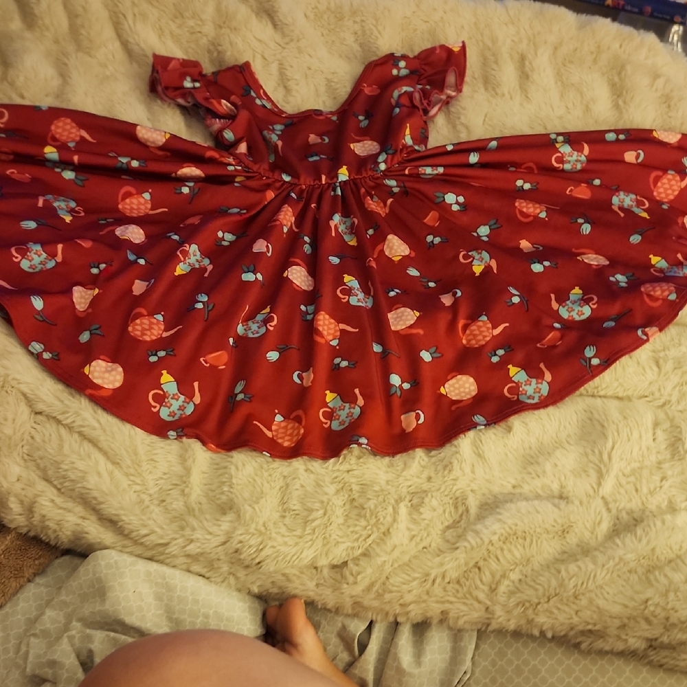 Sz 2T Dot Dot Smile Red Flutter Sleeve Twirl Dress w/ Flowers and Teapot Design